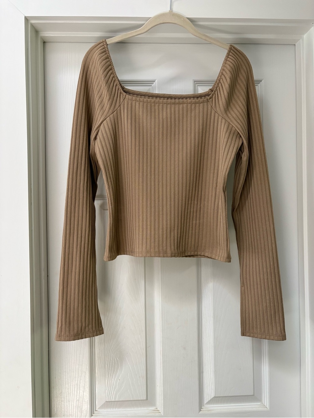 Madewell Lightweight Ribbed Square-Neck Long Sleeve Top - Beige/Tan